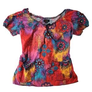 Whimsical Artsy TOP Colorful Floral Print SHIRT Pockets Short Sleeve Boho‎ Y2K M